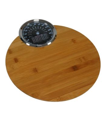 Personenweegschaal met ronde bamboe weegplaat en dual weegindicatie 180kg x 100g